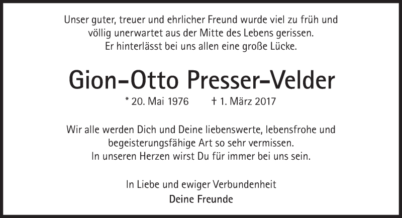  Traueranzeige für Gion-Otto Presser-Velder vom 11.03.2017 aus Süddeutsche Zeitung
