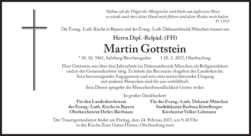  Traueranzeige für Martin Gottstein vom 24.02.2017 aus Süddeutsche Zeitung