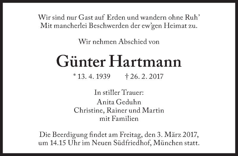  Traueranzeige für Günter Hartmann vom 01.03.2017 aus Süddeutsche Zeitung