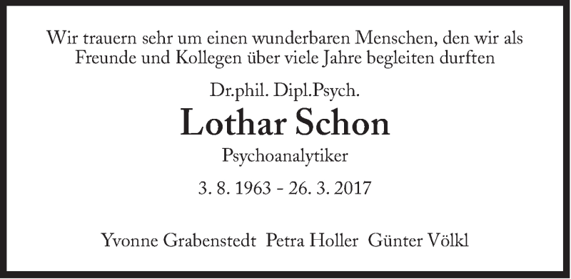  Traueranzeige für Lothar Schon vom 15.04.2017 aus Süddeutsche Zeitung