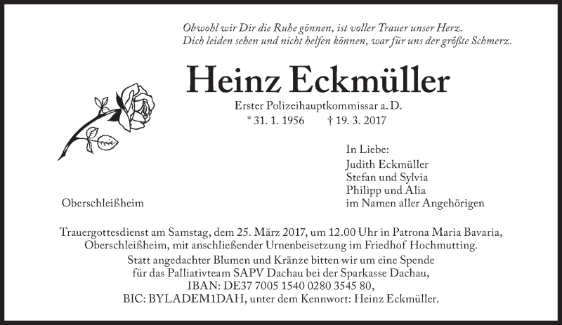  Traueranzeige für Heinz Eckmüller vom 23.03.2017 aus Süddeutsche Zeitung