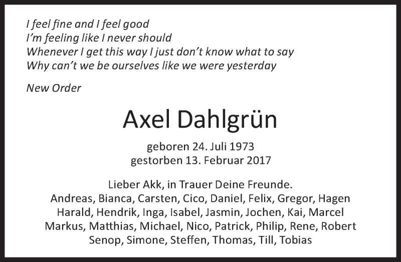 Traueranzeige für Axel Dahlgrün vom 23.02.2017 aus Süddeutsche Zeitung