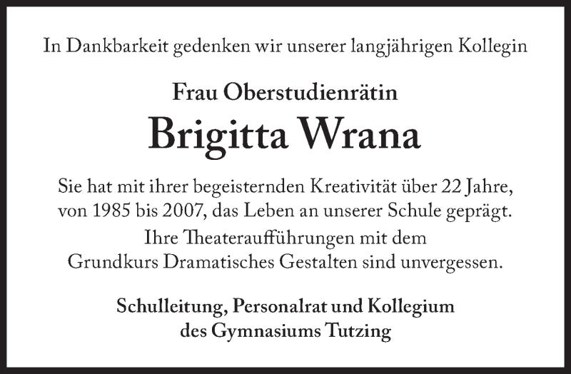  Traueranzeige für Brigitta Wrana vom 23.02.2017 aus Süddeutsche Zeitung