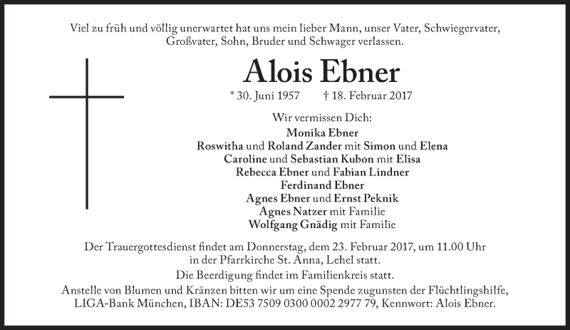 Traueranzeige für Alois Ebner vom 21.02.2017 aus Süddeutsche Zeitung