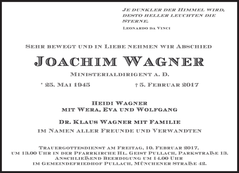  Traueranzeige für Joachim Wagner vom 08.02.2017 aus Süddeutsche Zeitung