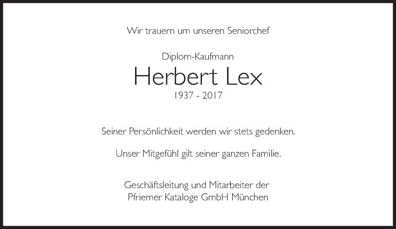  Traueranzeige für Herbert Lex vom 26.04.2017 aus Süddeutsche Zeitung