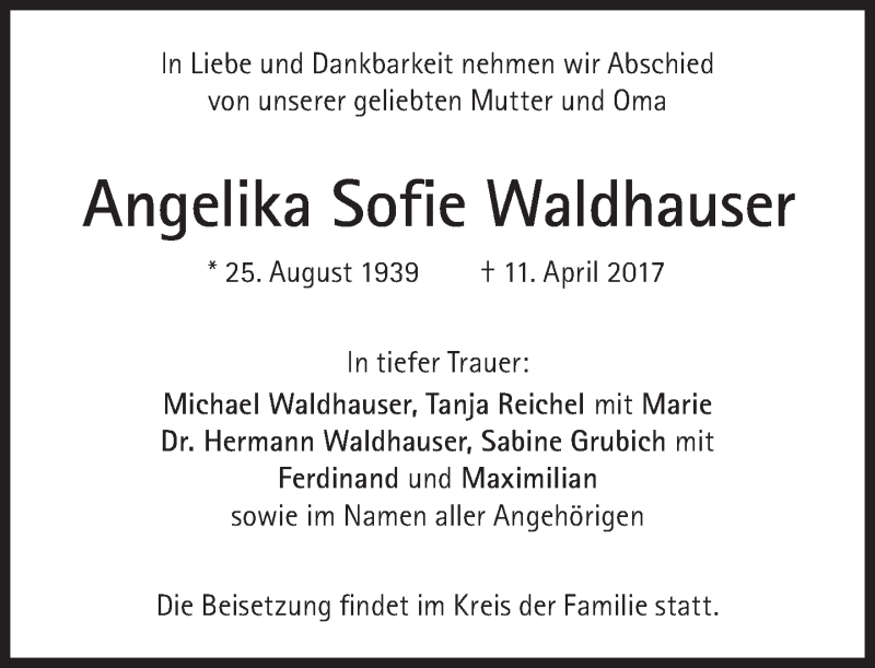 Traueranzeigen Von Angelika Sofie Waldhauser SZ Gedenken De