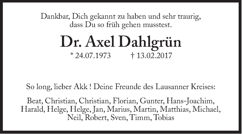  Traueranzeige für Axel Dahlgrün vom 23.02.2017 aus Süddeutsche Zeitung