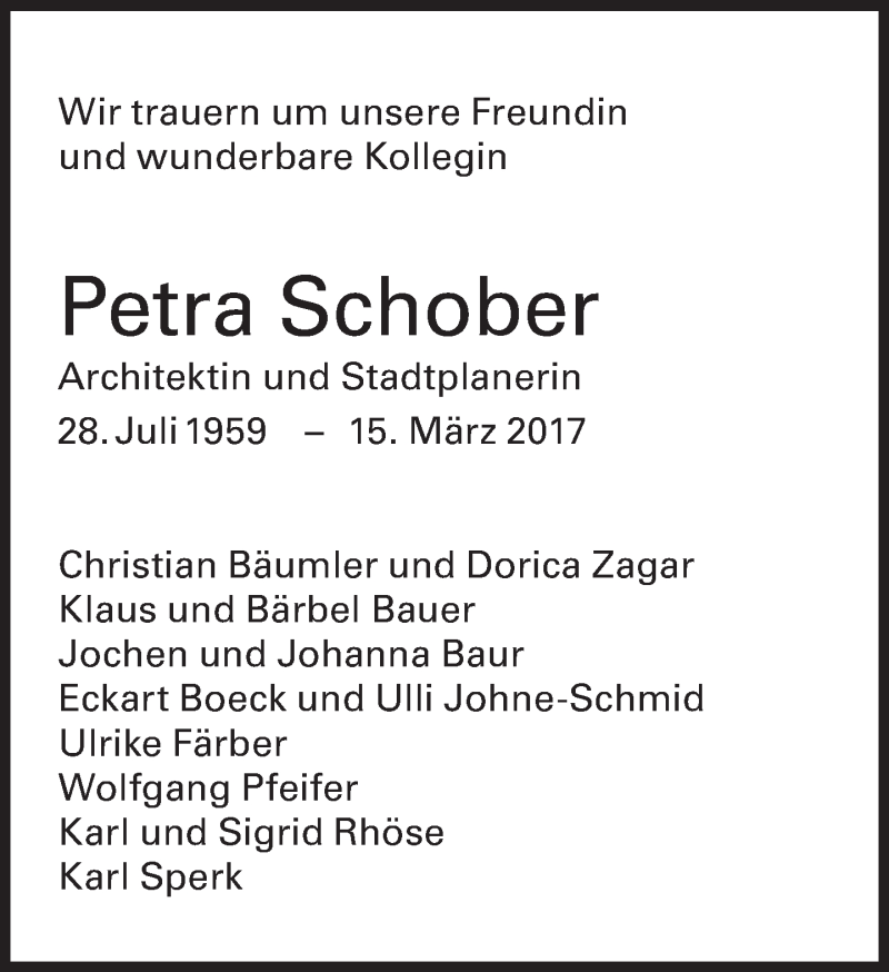  Traueranzeige für Petra Delia Schober vom 22.03.2017 aus Süddeutsche Zeitung