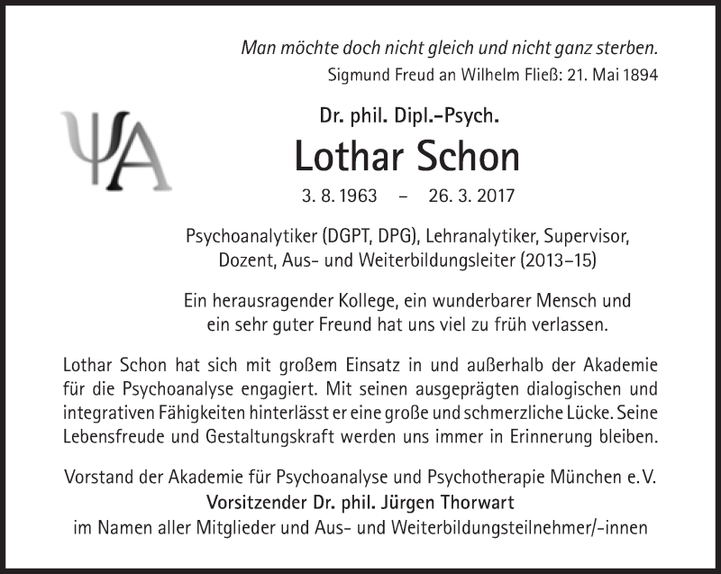  Traueranzeige für Lothar Schon vom 08.04.2017 aus Süddeutsche Zeitung