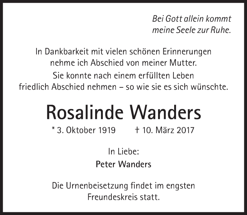 Traueranzeigen Von Rosalinde Wanders Sz Gedenken De