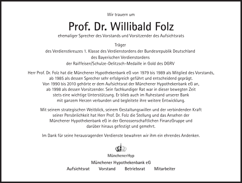  Traueranzeige für Willibald Folz vom 29.04.2017 aus Süddeutsche Zeitung