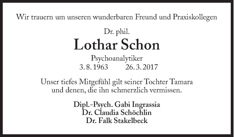  Traueranzeige für Lothar Schon vom 01.04.2017 aus Süddeutsche Zeitung