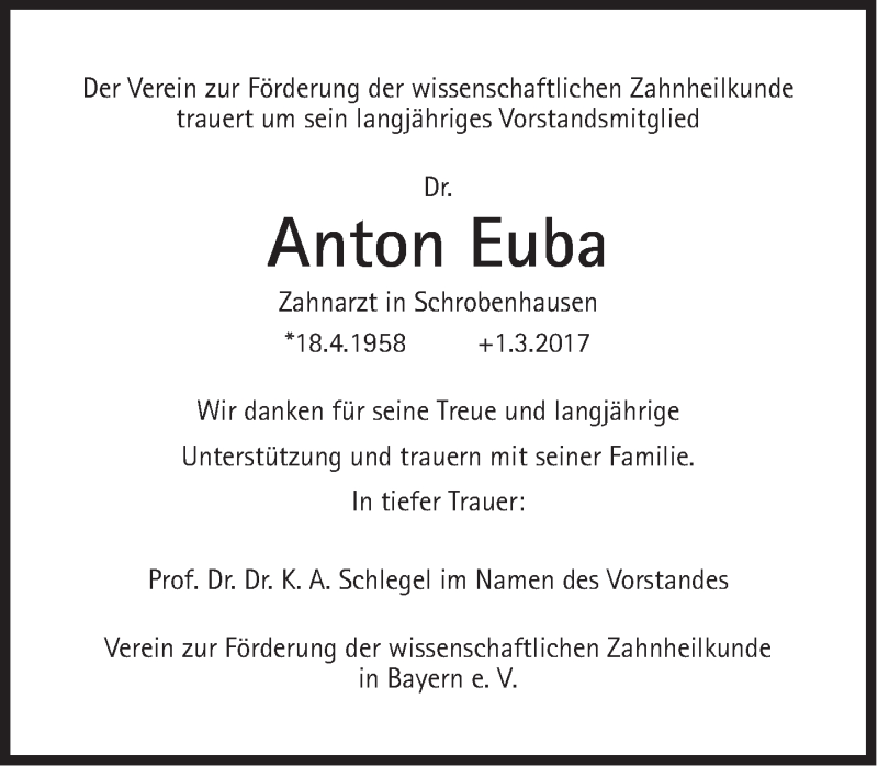  Traueranzeige für Anton Euba vom 10.03.2017 aus Süddeutsche Zeitung