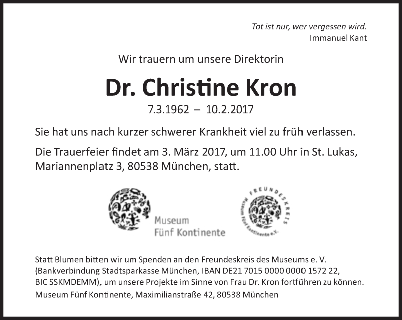  Traueranzeige für Christine Kron vom 18.02.2017 aus Süddeutsche Zeitung