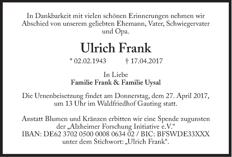  Traueranzeige für Ulrich Frank vom 22.04.2017 aus Süddeutsche Zeitung