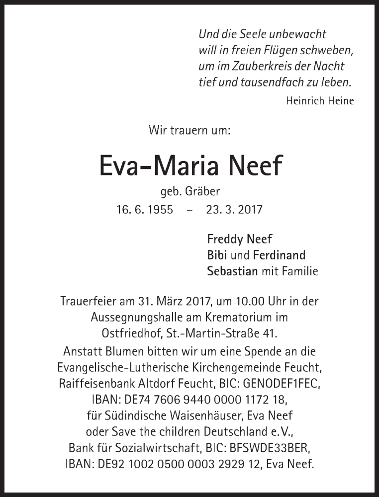  Traueranzeige für Eva-Maria Neef vom 29.03.2017 aus Süddeutsche Zeitung