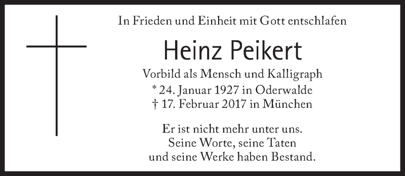  Traueranzeige für Heinz Peikert vom 25.02.2017 aus Süddeutsche Zeitung