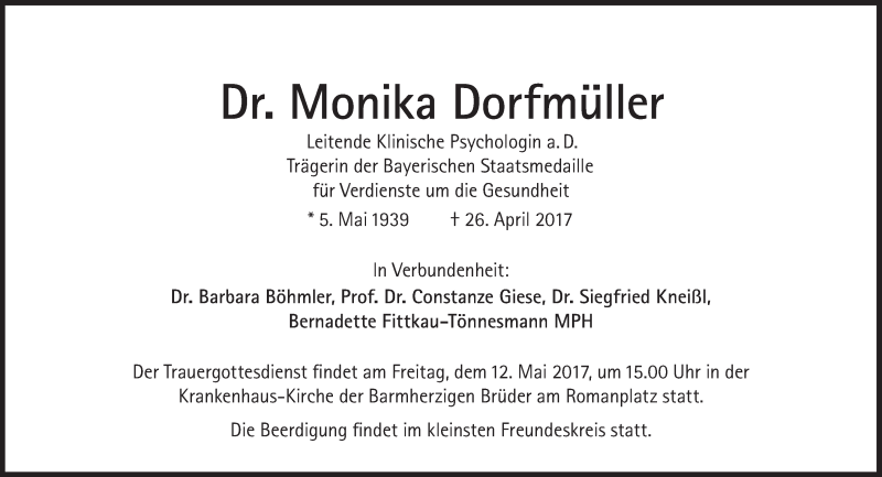  Traueranzeige für Monika Dorfmüller vom 29.04.2017 aus Süddeutsche Zeitung
