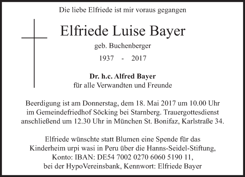 Traueranzeigen Von Elfriede Luise Bayer SZ Gedenken De