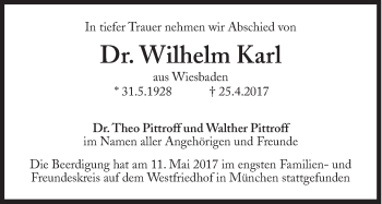 Traueranzeige von Wilhelm Karl von Süddeutsche Zeitung