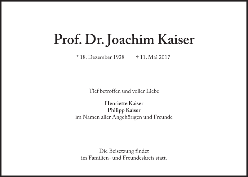  Traueranzeige für Joachim Kaiser vom 20.05.2017 aus Süddeutsche Zeitung