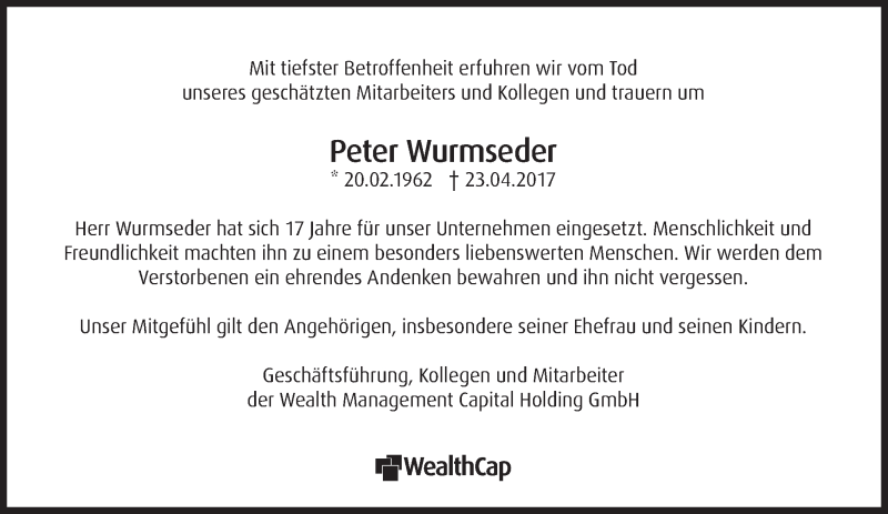  Traueranzeige für Peter Wurmseder vom 05.05.2017 aus Süddeutsche Zeitung