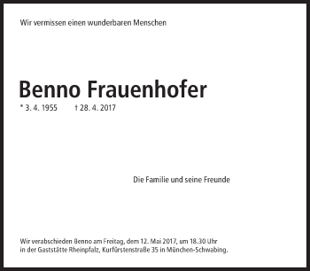 Traueranzeige von Benno Frauenhofer von Süddeutsche Zeitung