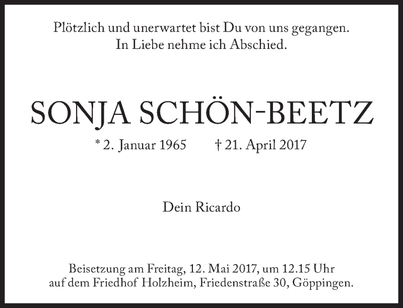  Traueranzeige für Sonja Schön-Beetz vom 10.05.2017 aus Süddeutsche Zeitung