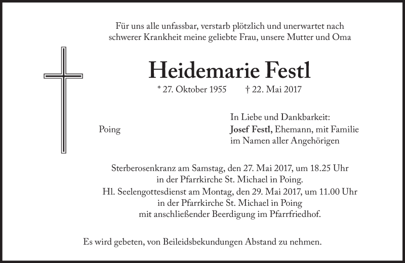  Traueranzeige für Heidemarie Festl vom 26.05.2017 aus Süddeutsche Zeitung