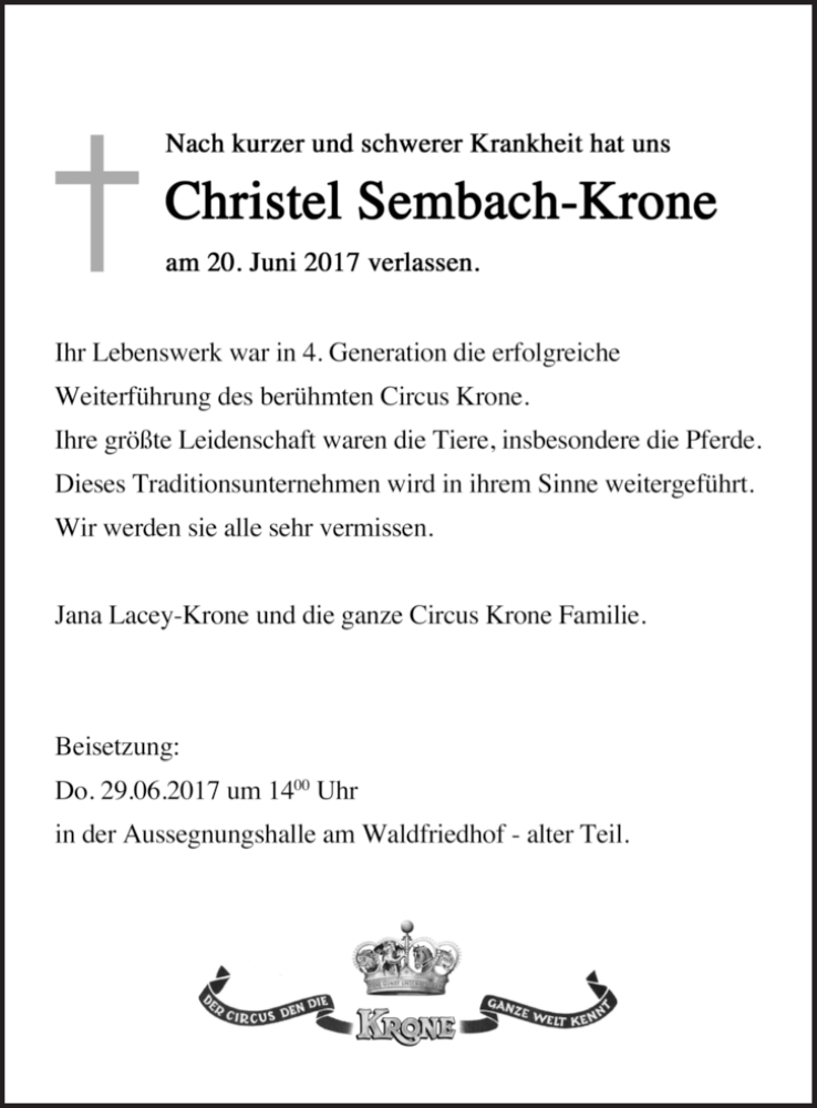  Traueranzeige für Christel Sembach-Krone vom 23.06.2017 aus Süddeutsche Zeitung