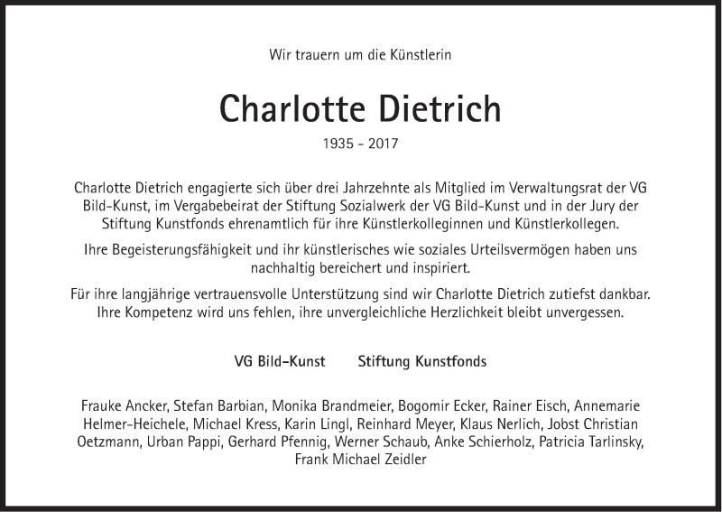  Traueranzeige für Charlotte Dietrich vom 14.06.2017 aus Süddeutsche Zeitung