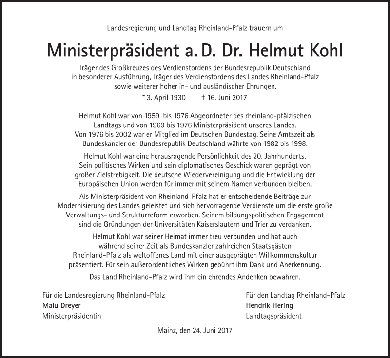  Traueranzeige für Helmut  Kohl vom 24.06.2017 aus Süddeutsche Zeitung