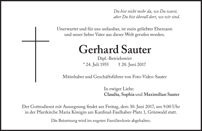  Traueranzeige für Gerhard Sauter vom 27.06.2017 aus Süddeutsche Zeitung