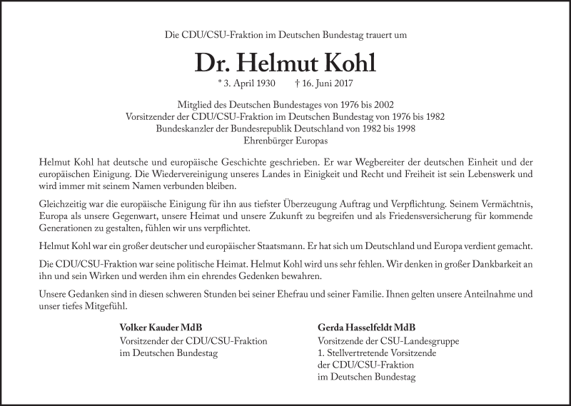  Traueranzeige für Helmut  Kohl vom 21.06.2017 aus Süddeutsche Zeitung