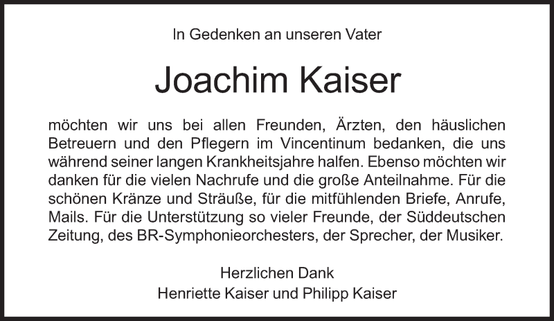  Traueranzeige für Joachim Kaiser vom 24.06.2017 aus Süddeutsche Zeitung