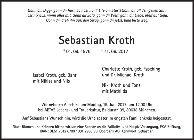  Traueranzeige für Sebastian Kroth vom 14.06.2017 aus Süddeutsche Zeitung