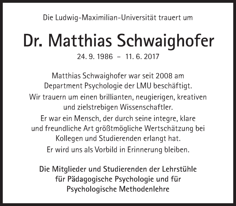  Traueranzeige für Matthias Schwaighofer vom 17.06.2017 aus Süddeutsche Zeitung