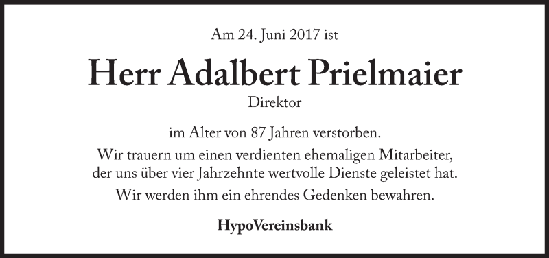  Traueranzeige für Adalbert Prielmaier vom 06.07.2017 aus Süddeutsche Zeitung