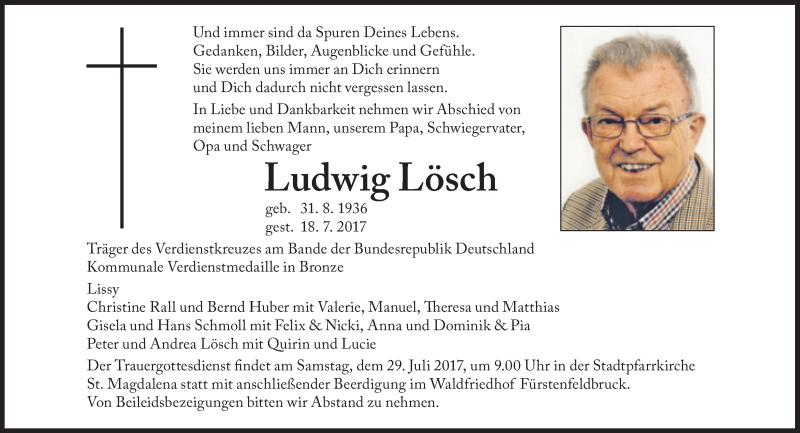  Traueranzeige für Ludwig Lösch vom 22.07.2017 aus Süddeutsche Zeitung