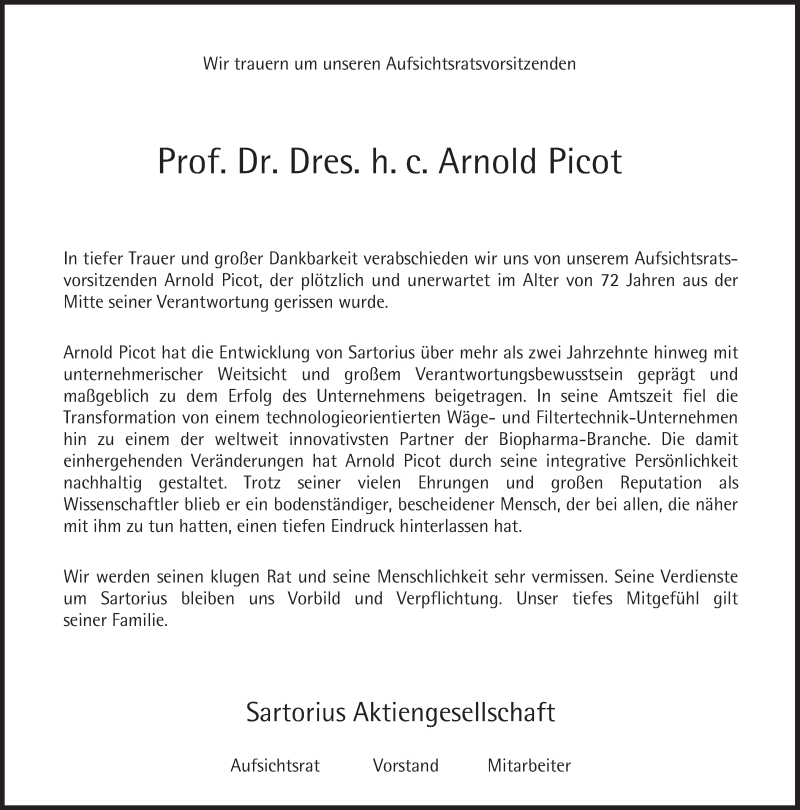 Traueranzeige für Arnold Picot vom 14.07.2017 aus Süddeutsche Zeitung