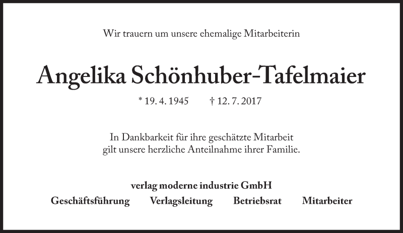 Traueranzeigen Von Angelika Sch Nhuber Tafelmaier Sz Gedenken De