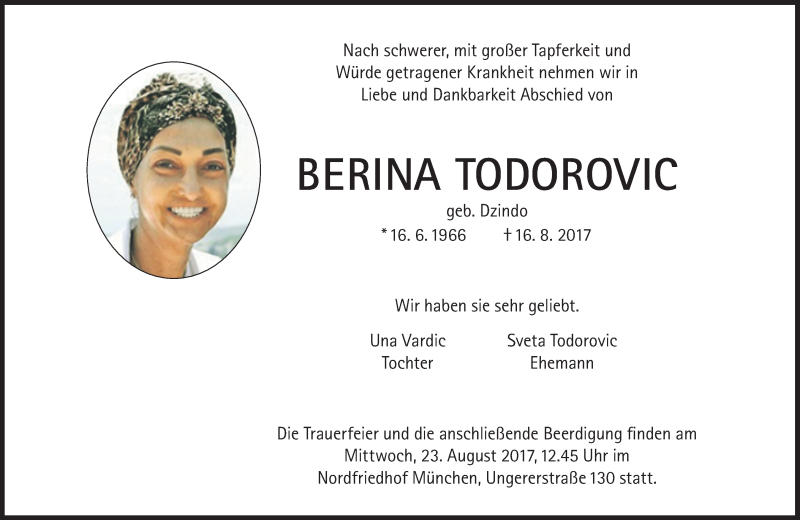  Traueranzeige für Berina Todorovic vom 19.08.2017 aus Süddeutsche Zeitung
