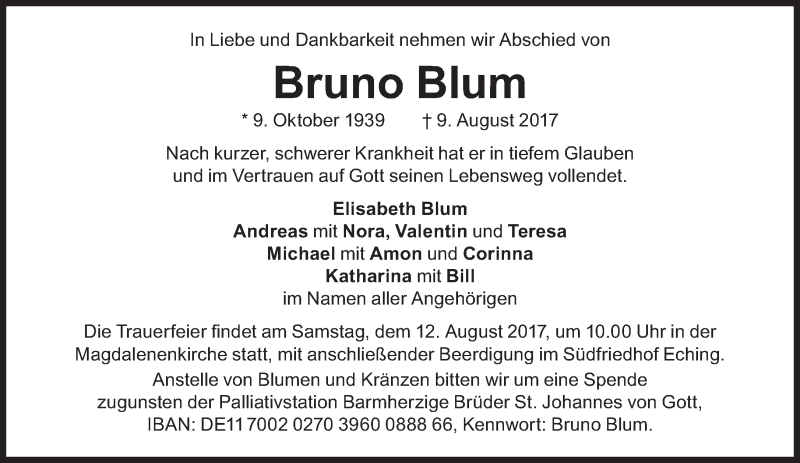  Traueranzeige für Bruno Blum vom 11.08.2017 aus Süddeutsche Zeitung