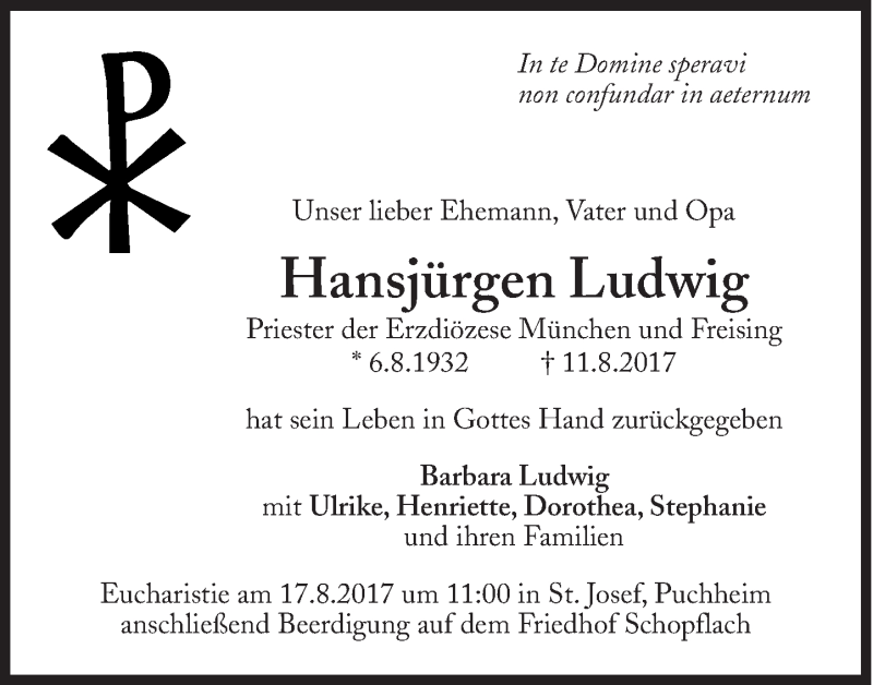  Traueranzeige für Hansjürgen Ludwig vom 16.08.2017 aus Süddeutsche Zeitung