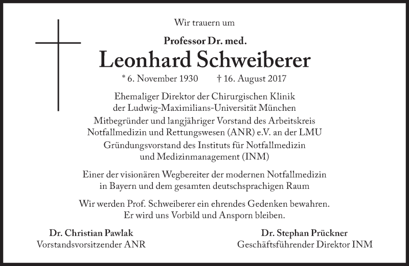  Traueranzeige für Leonhard Schweiberer vom 28.08.2017 aus Süddeutsche Zeitung