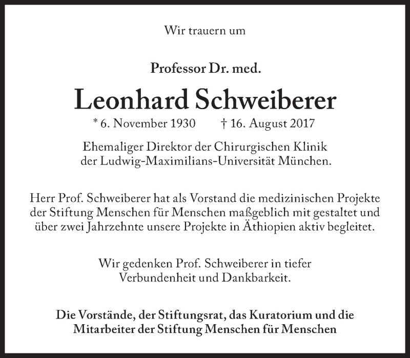  Traueranzeige für Leonhard Schweiberer vom 30.08.2017 aus Süddeutsche Zeitung