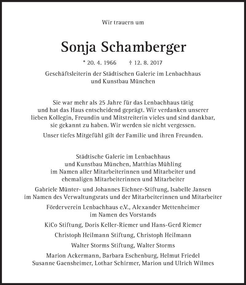  Traueranzeige für Sonja Schamberger vom 18.08.2017 aus Süddeutsche Zeitung