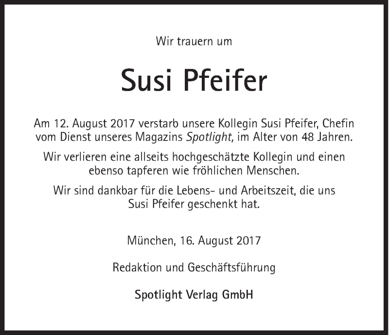  Traueranzeige für Susi Pfeifer vom 16.08.2017 aus Süddeutsche Zeitung