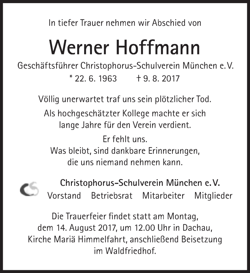  Traueranzeige für Werner Hoffmann vom 12.08.2017 aus Süddeutsche Zeitung